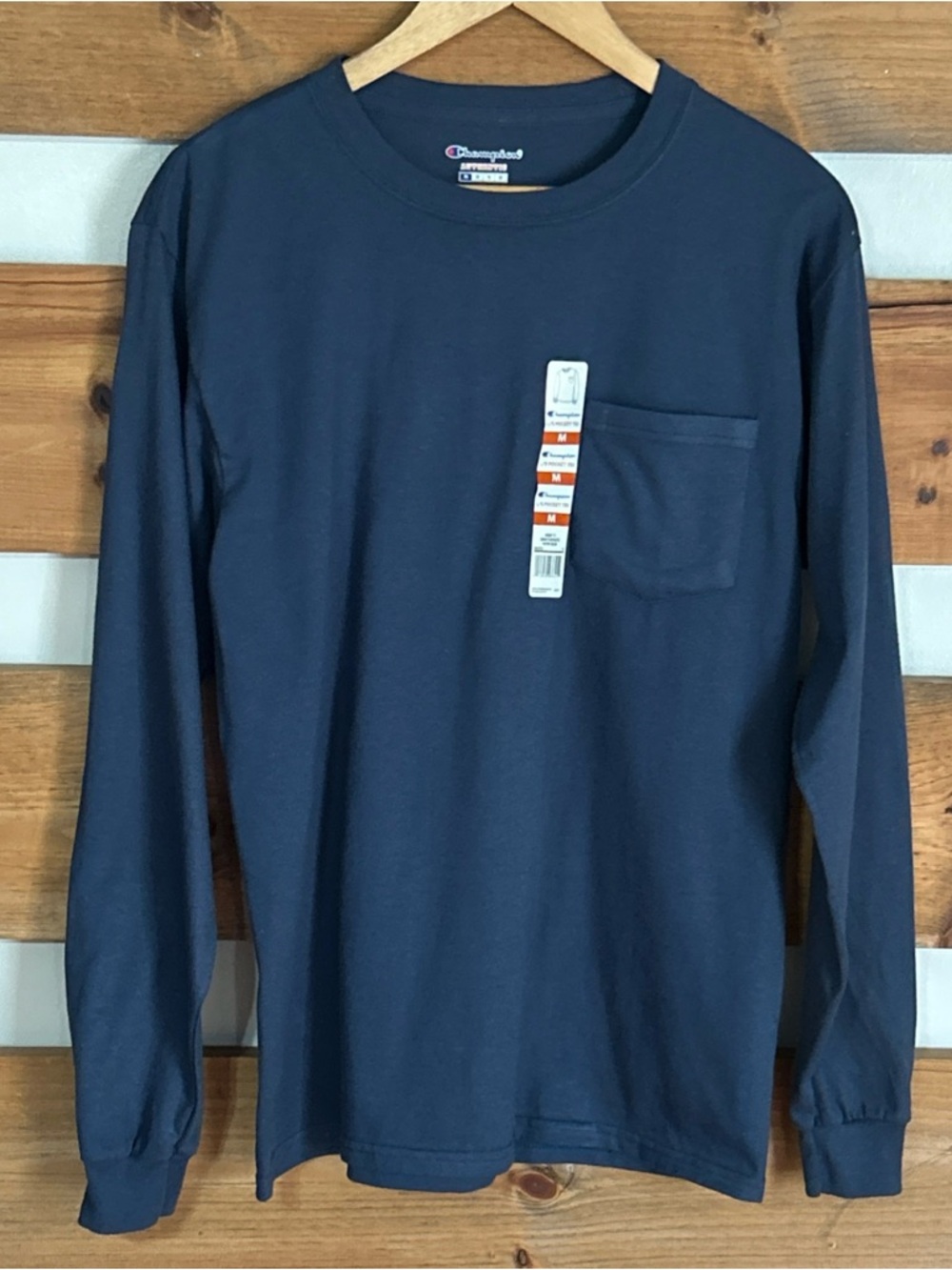 NWT Champion Authentic Solid Petro Blue Long Sleeve Pocket T-Shirt Men's Medium